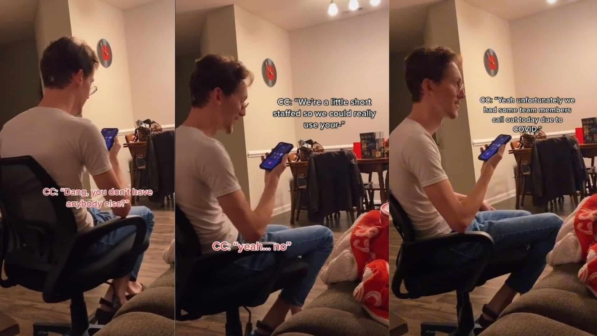 Man in white t-shirt and jeans sitting on office chair making a phone call in a living room with captions about staffing shortages.