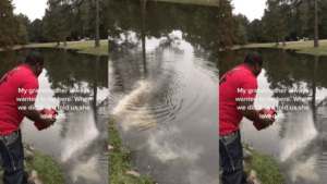 Man in red shirt scattering ashes into a pond with text about his grandmother's love.