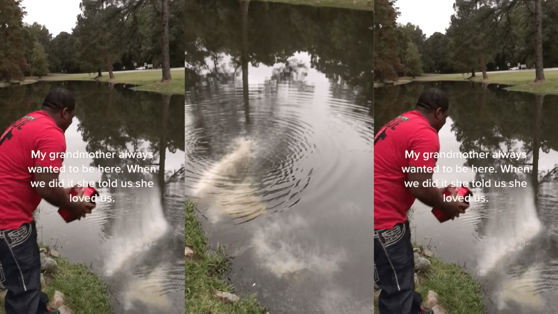 Man in red shirt scattering ashes into a pond with text about his grandmother's love.