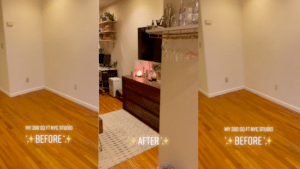 Before and after view of a 300 sq ft NYC studio showing empty space and a furnished area with a TV, dresser, and rug.