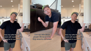 Man in black shirt and green cap humorously mimics how his wife thinks guests will react when visiting their house.