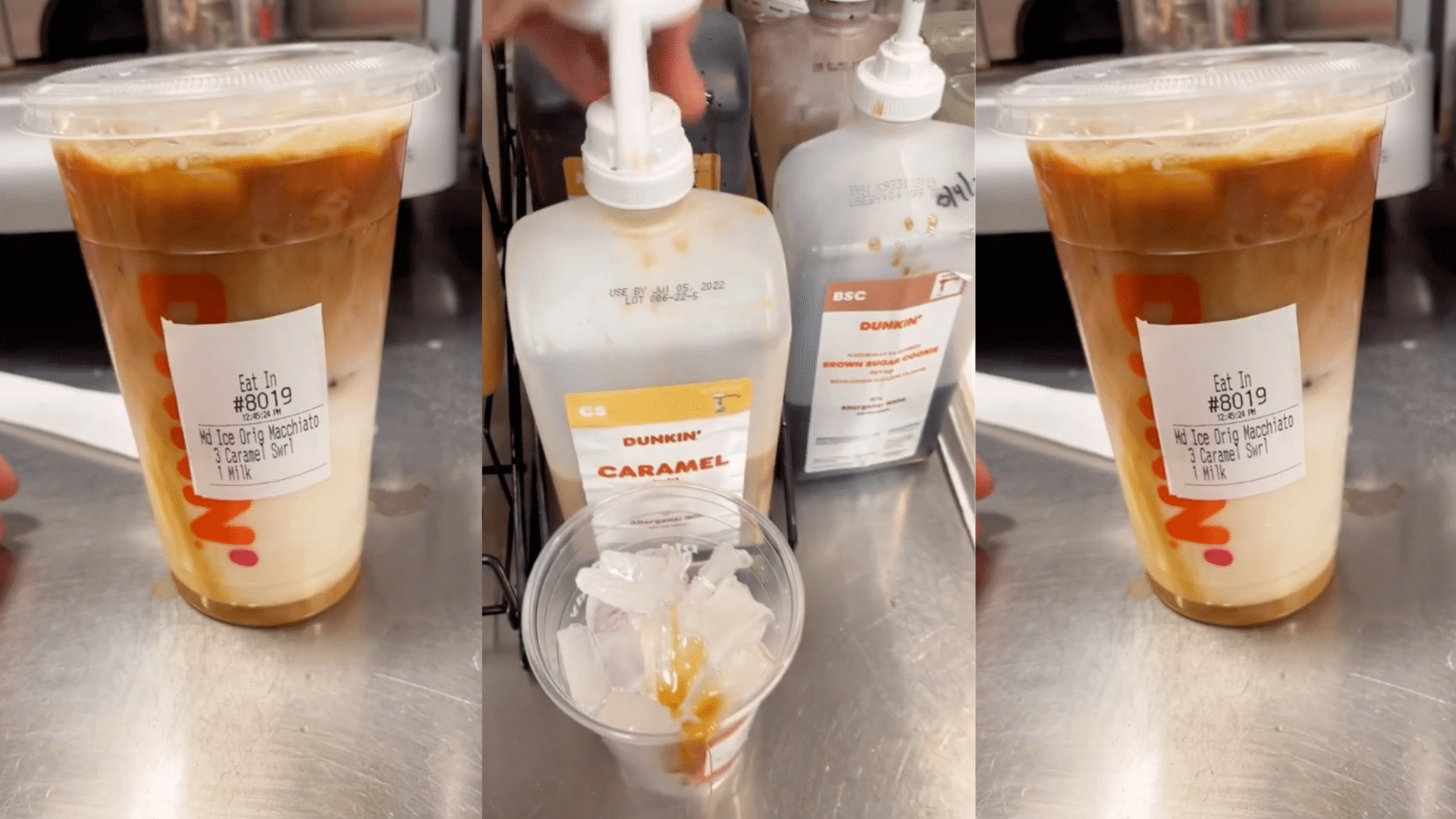 Dunkin' iced caramel macchiato with three caramel swirls and milk being prepared with Dunkin' caramel syrup dispenser.