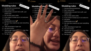 Person with glasses and septum piercing showing engagement ring in front of a list titled "Wedding rules" on a phone screen.