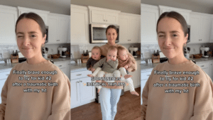 Woman in beige sweatshirt winking, holding spontaneous identical triplets in a kitchen setting.