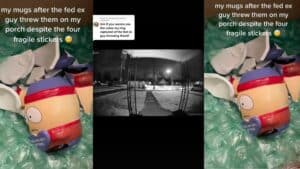 Broken South Park-themed mugs surrounded by bubble wrap with text about FedEx throwing them on a porch.