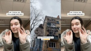 Young woman in a bomb shelter showing damage to her city caused by conflict, with text about Putin and Ukraine flags