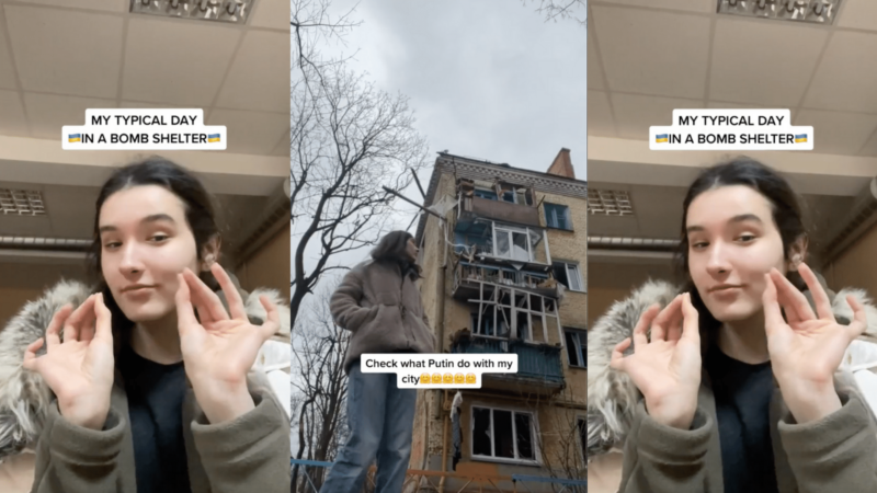 Young woman in a bomb shelter showing damage to her city caused by conflict, with text about Putin and Ukraine flags