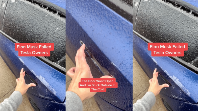 Hand reaching to open frozen Tesla car door with text about door not opening and owner stuck outside in cold.