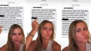 Woman making expressive gestures in front of a text message about sharing a man in common with other women.