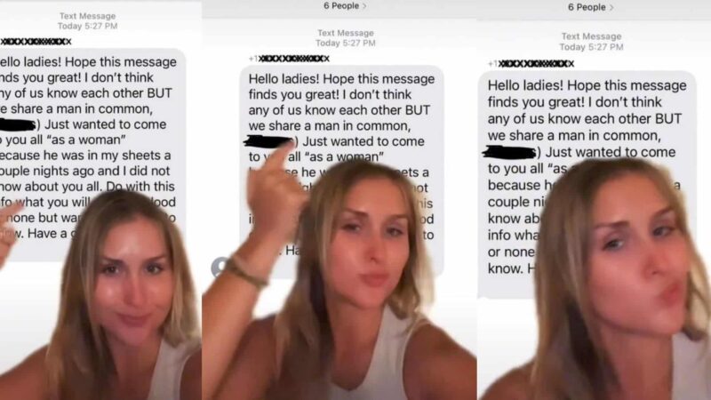 Woman making expressive gestures in front of a text message about sharing a man in common with other women.