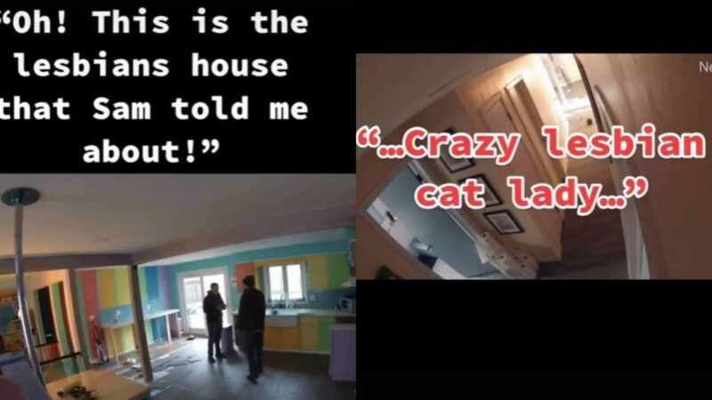 Two people standing in a colorful kitchen with text referencing a "lesbians house" and "crazy lesbian cat lady"