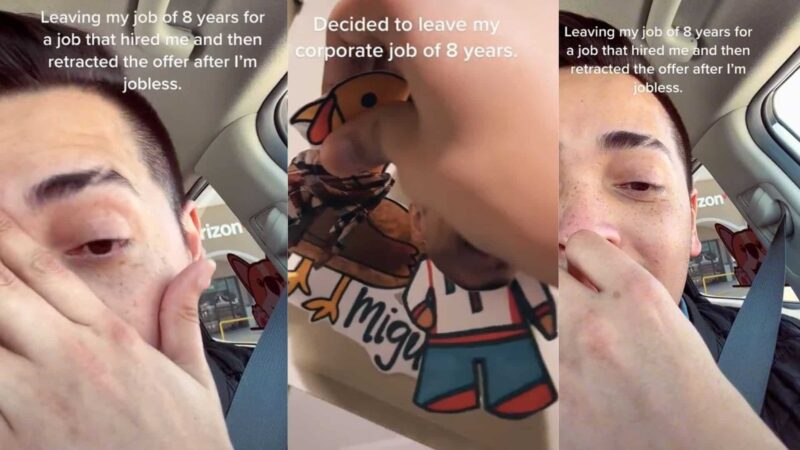 Man in car covering face with hand and text about leaving an 8-year corporate job and job offer retraction