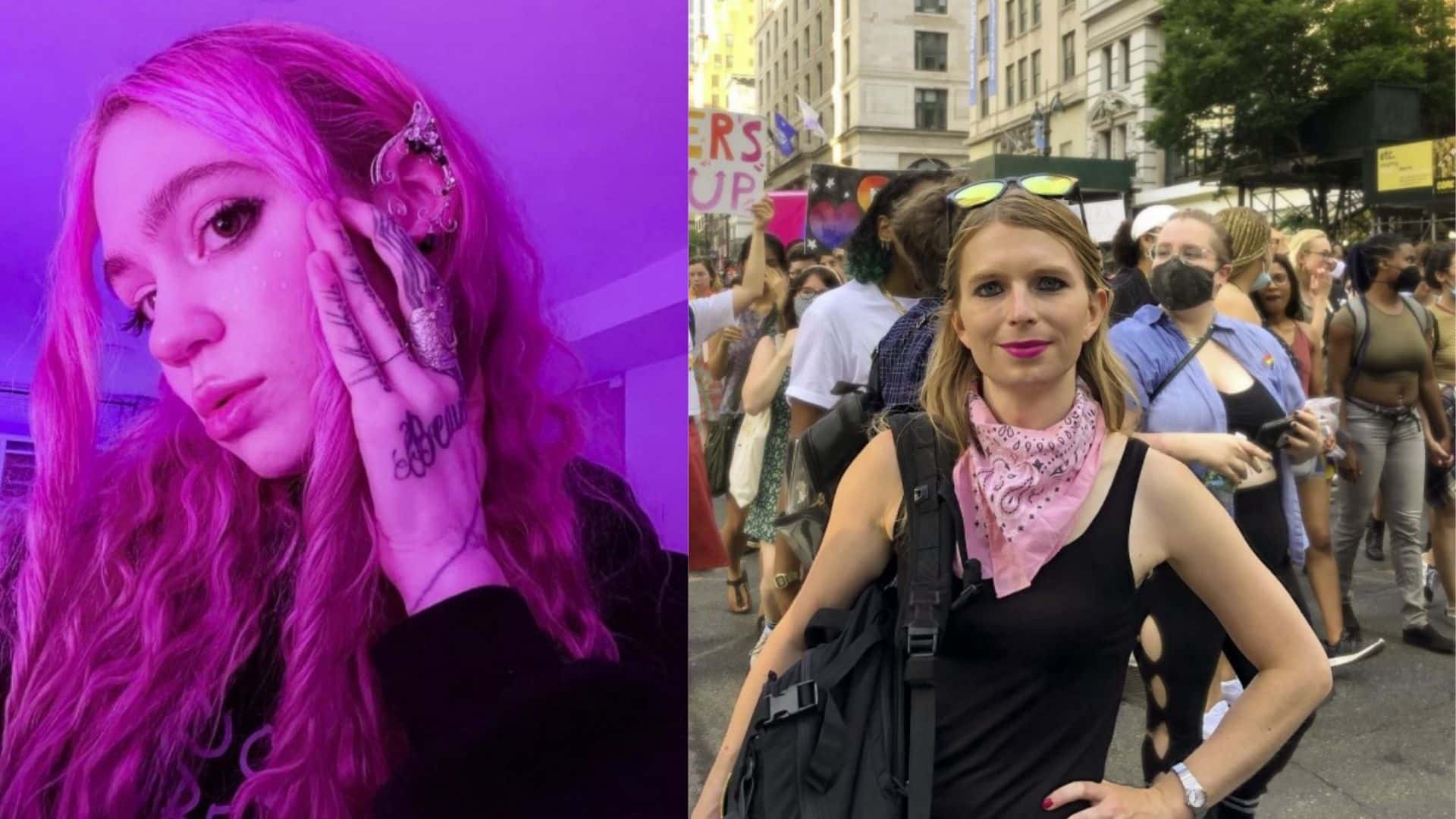 Split image showing a woman with pink hair and ear jewelry under purple light on left, and a woman with pink bandana at a protest on right