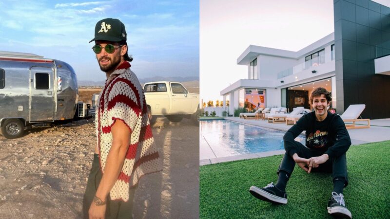 Man wearing Oakland Athletics cap and striped crochet shirt standing near trailer; young man sitting on grass by pool at modern house