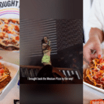 Performer on stage with caption "I brought back the Mexican Pizza by the way!" and person holding a Mexican Pizza in Taco Bell packaging