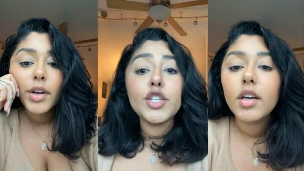 Woman with black hair speaking in three side-by-side video frames indoors with ceiling fan in background