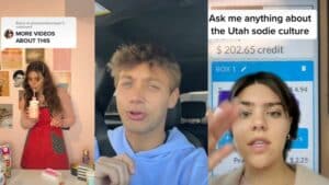 Three TikTok creators discussing topics including Utah sodie culture and video requests in split-screen format.
