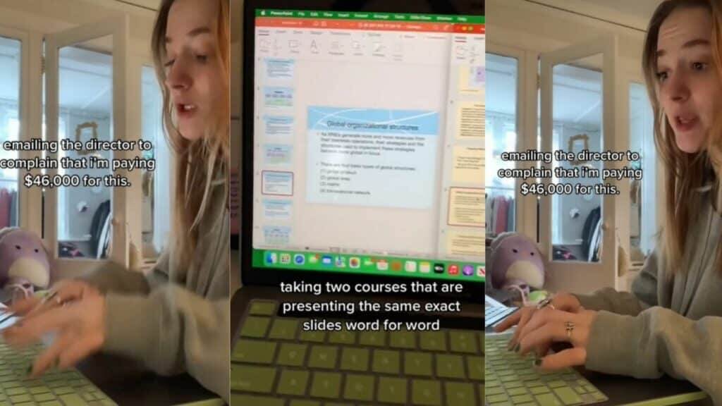 Woman typing on laptop complaining about paying $46,000 for two courses with identical PowerPoint slides