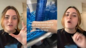 Woman speaking in a split-screen video with text about "Sunday morning after church" customers and blue plastic cups in a dishwasher rack.