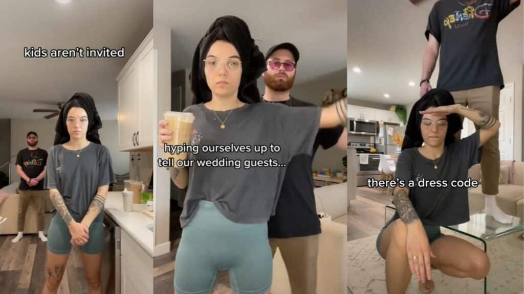 Couple in casual clothes in kitchen hyping themselves to tell wedding guests kids aren’t invited and there’s a dress code