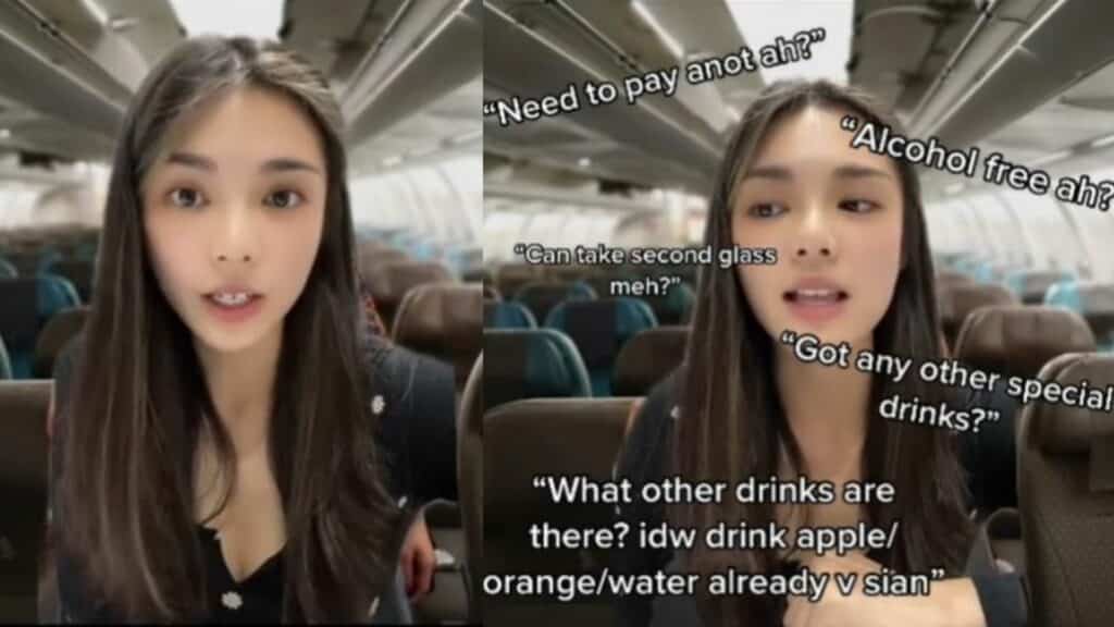 Young woman speaking inside an airplane cabin with text about drink options and questions.