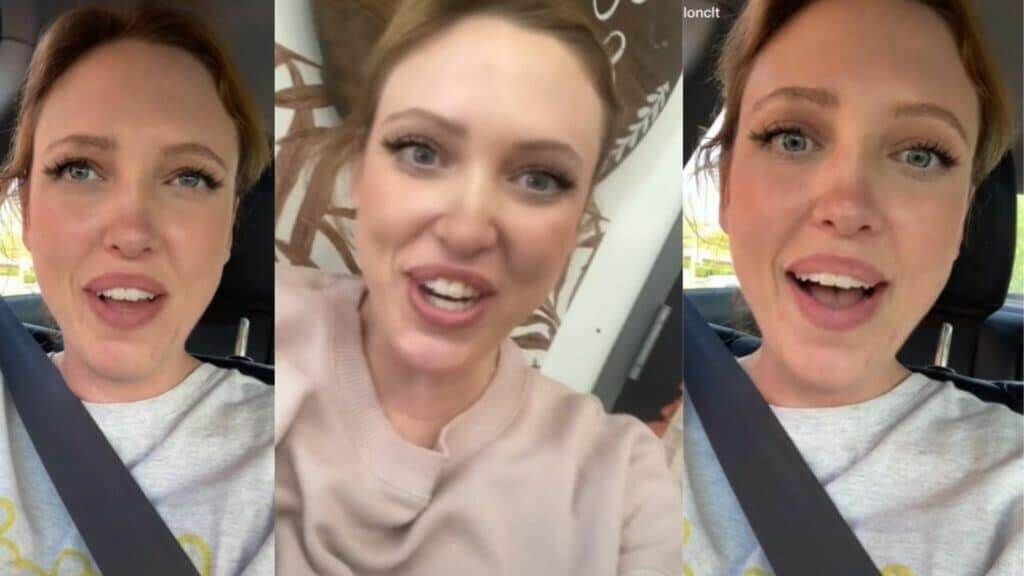 Collage of a woman with light brown hair speaking in a car and indoors wearing a light gray shirt and a beige sweater.