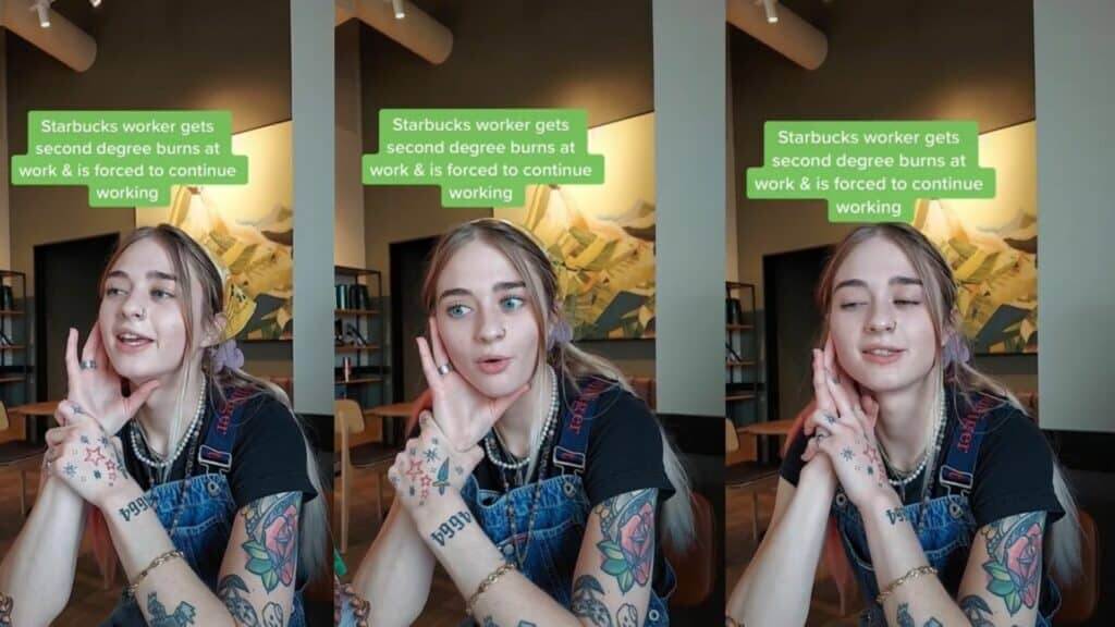 Young woman with tattoos and overalls sharing a story about a Starbucks worker getting second degree burns and forced to continue working