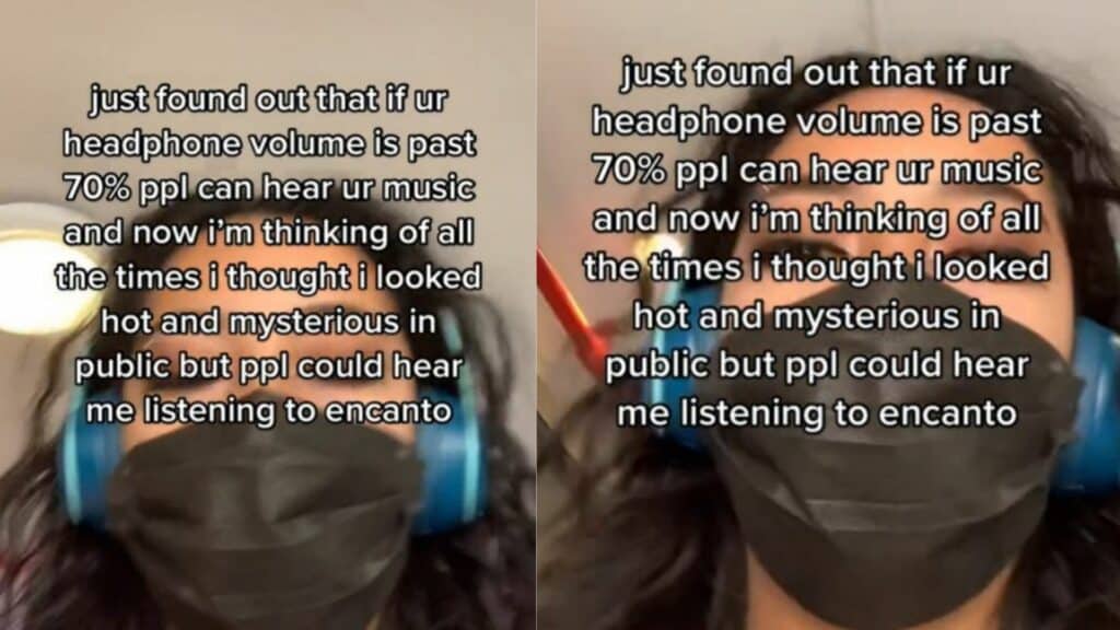 Person wearing blue headphones and a black face mask with text about headphone volume and listening to Encanto.