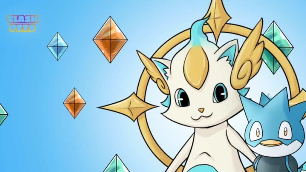 Two Clash Pets characters, one white with gold and blue accents and one blue with a beak, on a blue background with crystals.