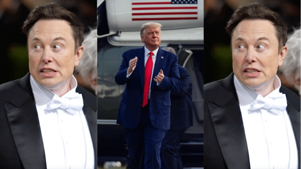 Elon Musk in a tuxedo and Donald Trump clapping in front of an aircraft with a US flag.