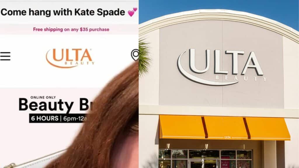 Ulta Beauty store exterior with orange awning and promotional text for Kate Spade event and free shipping online