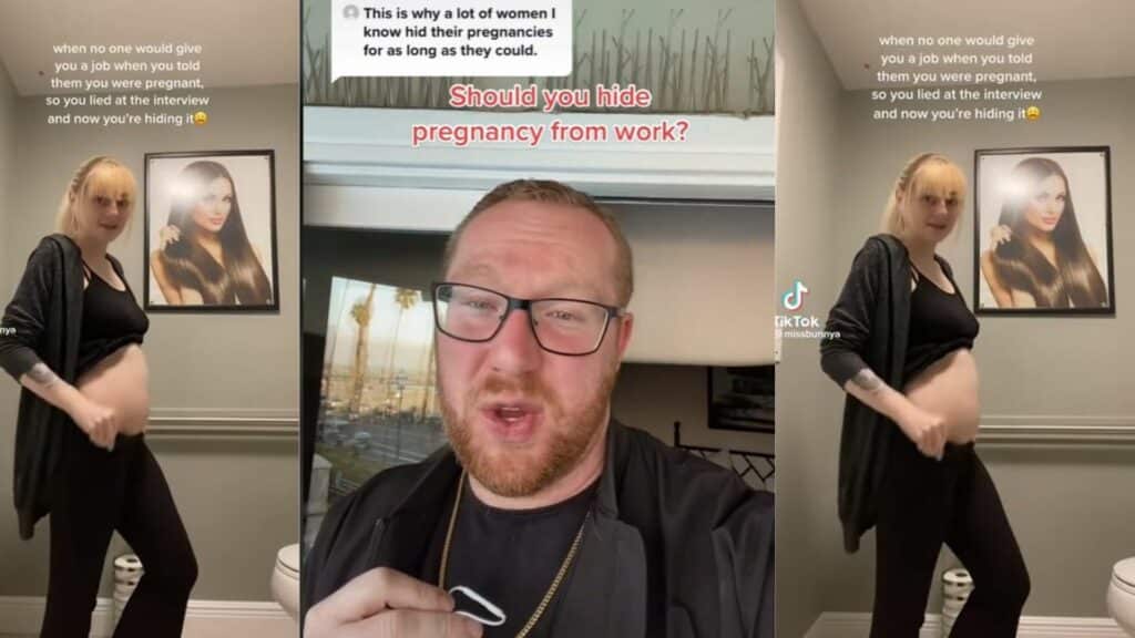 Pregnant woman in black outfit and man with glasses discussing hiding pregnancy from work on TikTok.