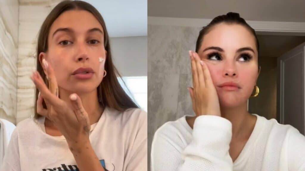 Hailey Bieber and Selena Gomez applying skincare products to their faces in separate settings.