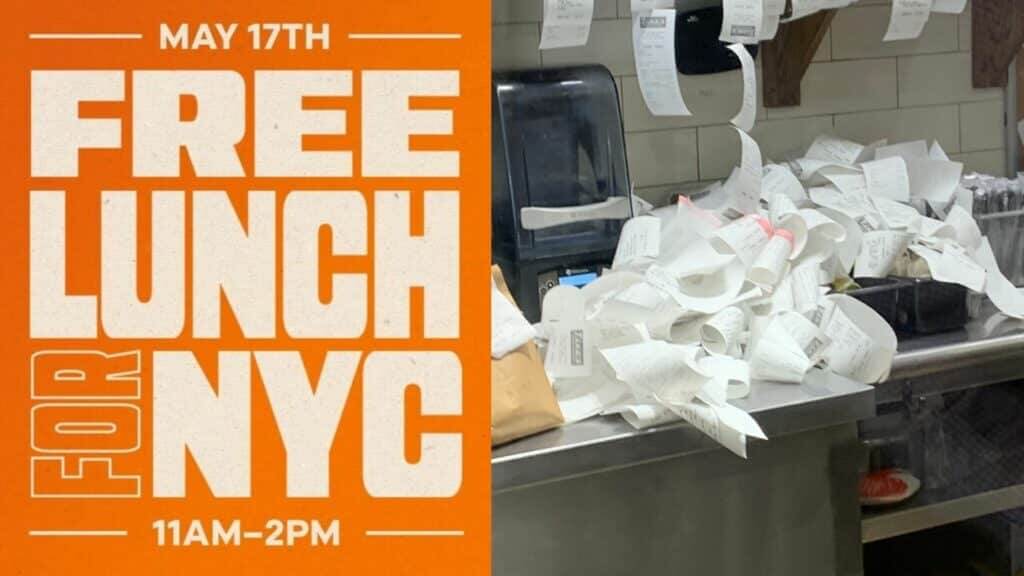 May 17th free lunch for NYC 11AM-2PM with a kitchen counter piled high with order receipts