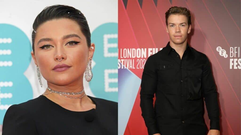 Florence Pugh with silver jewelry and septum ring, and actor Harris Dickinson in black shirt at London Film Festival 2023