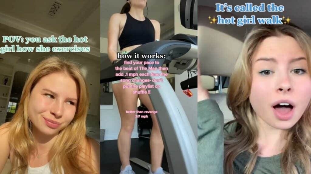 Three-panel TikTok showing a woman explaining the "hot girl walk" exercise method on a treadmill and in a car.
