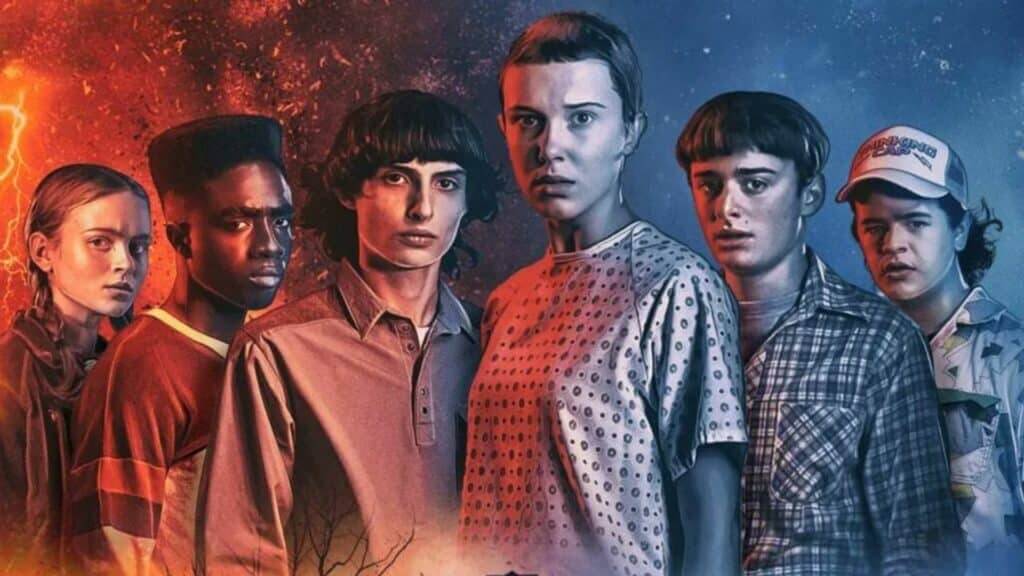 Main cast of Stranger Things standing together with a red and blue lightning background.