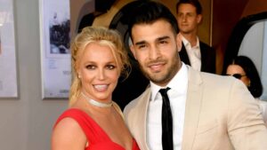 Britney Spears (L) and Sam Asghari arrive at the premiere of Sony Pictures' "One Upon A Time...In Hollywood" at the Chinese Theatre on July 22, 2019 in Hollywood, California.