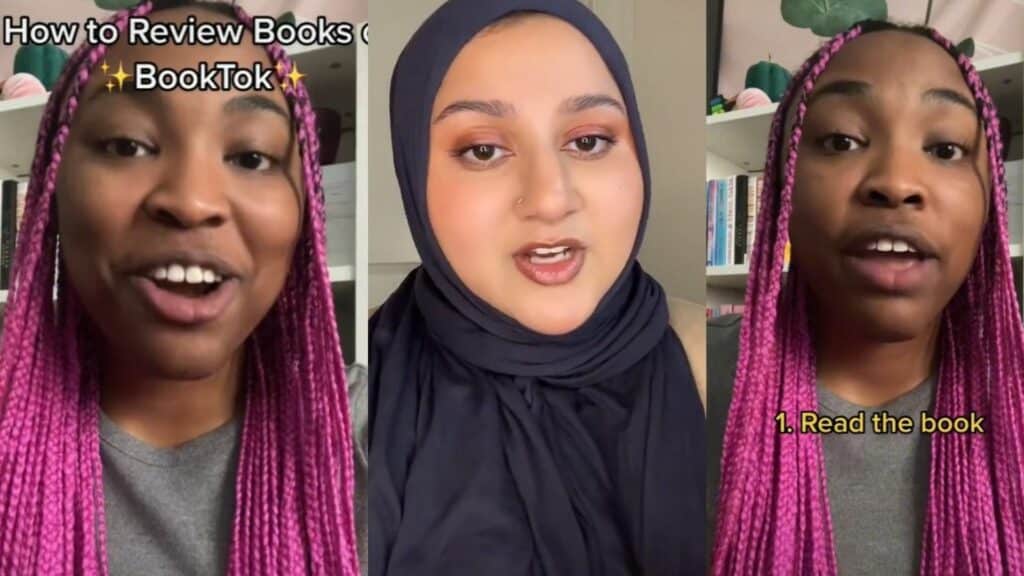 Two women speaking in a BookTok video titled "How to Review Books," one with pink braids and one wearing a navy hijab