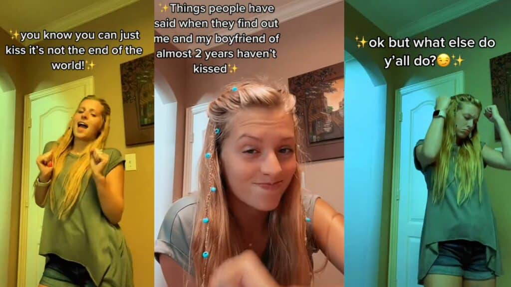 Woman with long blonde hair sharing thoughts about not kissing her boyfriend for almost two years in a home setting