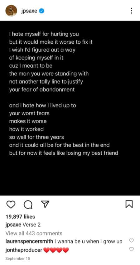 screenshot of jp saxes' instagram post of the second verse of his song When You Think Of Me