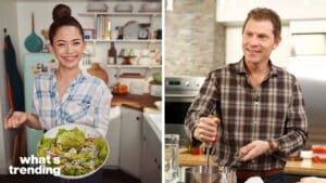 Two people cooking in kitchens, a woman holding a salad bowl and a man stirring a pot, both smiling.