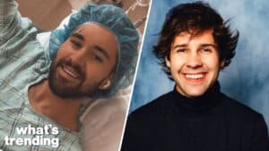 David Dobrik smiling in a hospital gown and cap on the left, and in a black turtleneck on the right