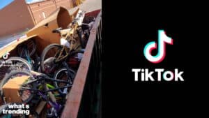Several bicycles discarded in a large dumpster outside a brick building with TikTok branding on the right side.