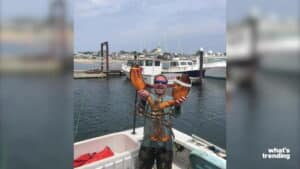 Man on boat holding a giant lobster with oversized claws in a marina with docked boats in the background