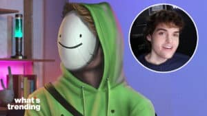 Dream wearing a green hoodie and his signature white mask with a smiling face, inset photo of a young man smiling