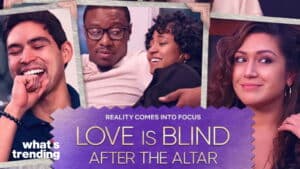 Cast members from Love Is Blind in promotional images for "Love Is Blind: After the Altar" reality show.