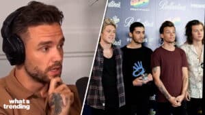 Liam Payne speaking in headphones on left; One Direction members Niall Horan, Zayn Malik, Louis Tomlinson, and Harry Styles posing at Ballantine's event on right.
