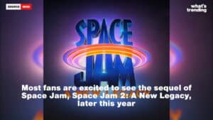 Space Jam 2: A New Legacy logo with text about fan excitement for the sequel release this year.