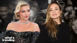 Florence Pugh in a black sequined dress and Olivia Wilde in a black outfit posing against a blurred background.